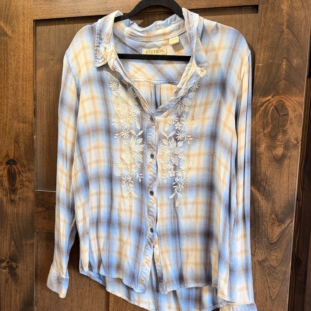 Stetson Blue and Cream Plaid Embroidered Button-Down Women's Shirt